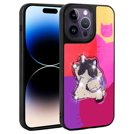 Apple iPhone 14 Pro Kılıf Parlayan Kabartmalı İkonik Figürlü Zore Amas Silikon Kapak-Mor