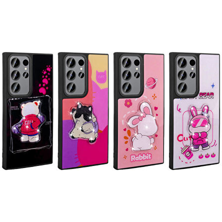 Galaxy S23 Ultra Kılıf Parlayan Kabartmalı İkonik Figürlü Zore Amas Silikon Kapak-Pembe