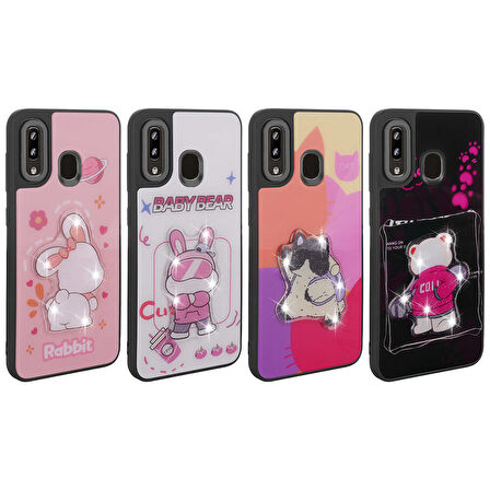 Galaxy A20 Kılıf Parlayan Kabartmalı İkonik Figürlü Zore Amas Silikon Kapak-Mor