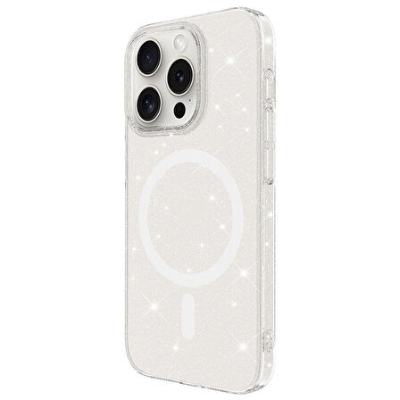 iPhone 15 Pro Kılıf Zore Magsafe Şarj Özellikli Simli Şeffaf Arka Yüzey Erdos Silikon Kapak-Renksiz
