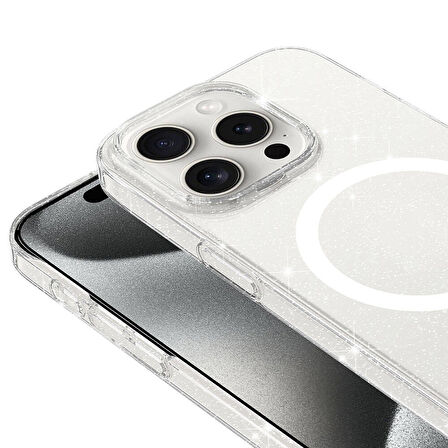 iPhone 15 Pro Kılıf Zore Magsafe Şarj Özellikli Simli Şeffaf Arka Yüzey Erdos Silikon Kapak-Renksiz