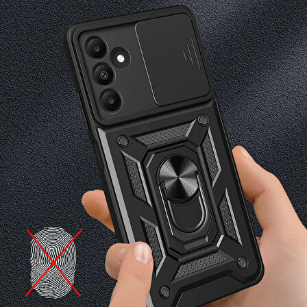 Galaxy A15 Kılıf Magnetik Standlı Kamera Korumalı Zore Sürgülü Vega Kapak-Siyah