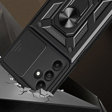 Galaxy A15 Kılıf Magnetik Standlı Kamera Korumalı Zore Sürgülü Vega Kapak-Siyah
