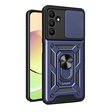Galaxy A15 Kılıf Magnetik Standlı Kamera Korumalı Zore Sürgülü Vega Kapak-Mavi