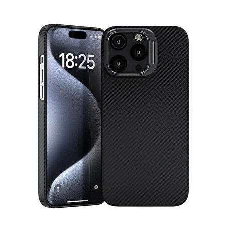 iPhone 15 Pro Max Zore Magsafe Şarj Özellikli 600D Kevlar Zore Krek Karbon Standlı Kılıf-Siyah