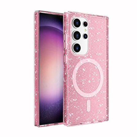 Galaxy S24 Ultra Kılıf Magsafe Şarj Özellikli Parlayan Simli Saydam Renkli Zore Allstar Kapak-Pembe