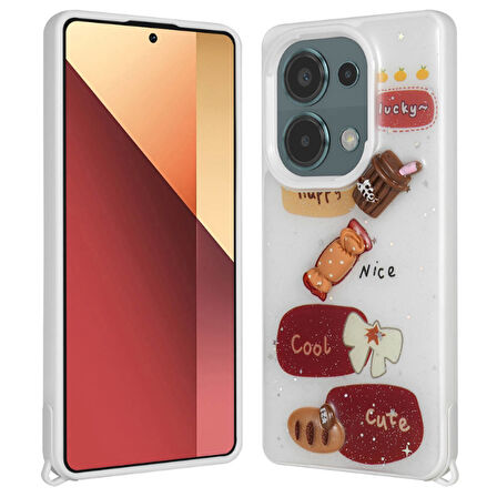 Xiaomi Redmi Note 13 Pro 4G Kılıf Parlayan Simli Kabartma Figürlü Zore Cevze Kapak-Beyaz