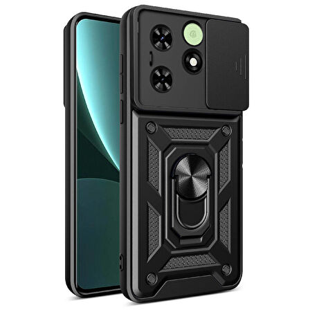 Tecno Spark 20C Kılıf Magnetik Standlı Kamera Korumalı Zore Sürgülü Vega Kapak-Siyah