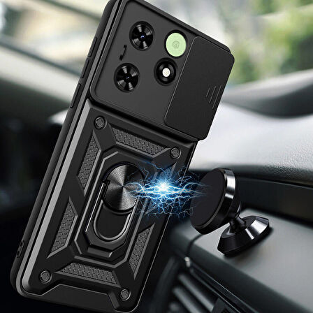 Tecno Spark Go 2024 Kılıf Magnetik Standlı Kamera Korumalı Zore Sürgülü Vega Kapak-Siyah