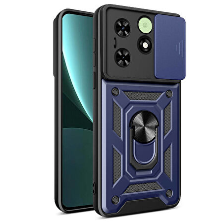 Tecno Spark 20C Kılıf Magnetik Standlı Kamera Korumalı Zore Sürgülü Vega Kapak-Mavi