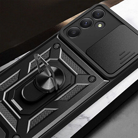 Galaxy A55 Kılıf Magnetik Standlı Kamera Korumalı Zore Sürgülü Vega Kapak-Siyah