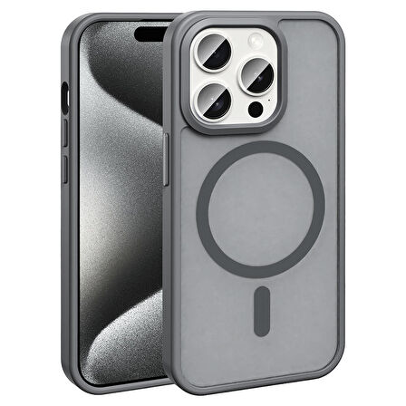 iPhone 15 Pro Max Kılıf Magsafe Şarj Özellikli Mat Arka Yüzey Zore Sio Kapak-Gri