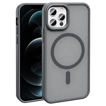 iPhone 12 Pro Kılıf Magsafe Şarj Özellikli Mat Arka Yüzey Zore Sio Kapak-Gri