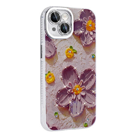 Apple iPhone 15 Kılıf Çiçek Desenli Parlak Taşlı Sert Silikon Zore Garden Kapak-Colorful