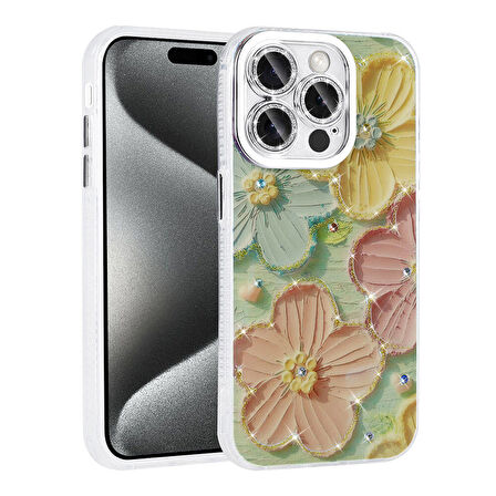 Apple iPhone 15 Pro Max Kılıf Çiçek Desenli Parlak Taşlı Sert Silikon Zore Garden Kapak-Colorful