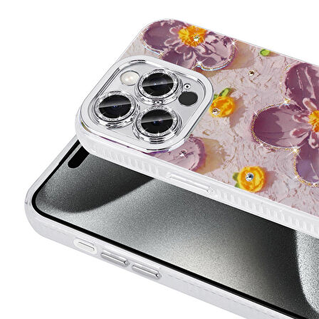 Apple iPhone 15 Pro Max Kılıf Çiçek Desenli Parlak Taşlı Sert Silikon Zore Garden Kapak-Colorful