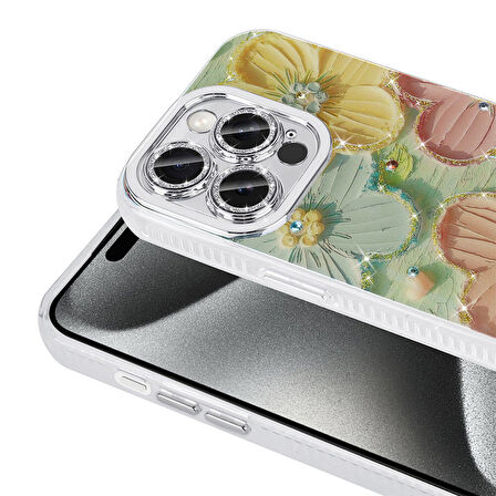 Apple iPhone 15 Pro Max Kılıf Çiçek Desenli Parlak Taşlı Sert Silikon Zore Garden Kapak-Colorful