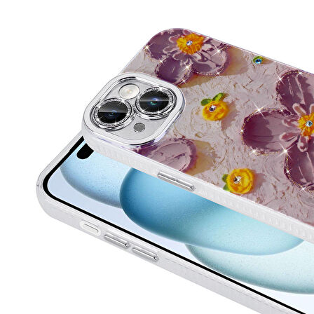 Apple iPhone 14 Kılıf Çiçek Desenli Parlak Taşlı Sert Silikon Zore Garden Kapak-Mavi