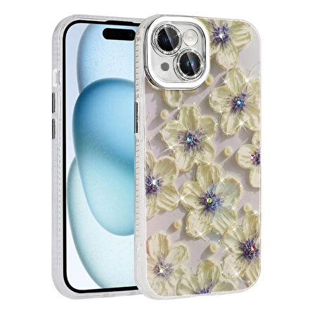 Apple iPhone 14 Uyumlu Kılıf Hepaks Çiçek Desenli Parlak Taşlı Sert Silikon Garden Kapak