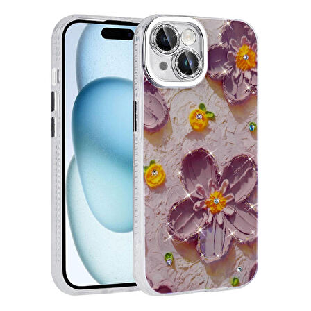 Apple iPhone 14 Uyumlu Kılıf Hepaks Çiçek Desenli Parlak Taşlı Sert Silikon Garden Kapak