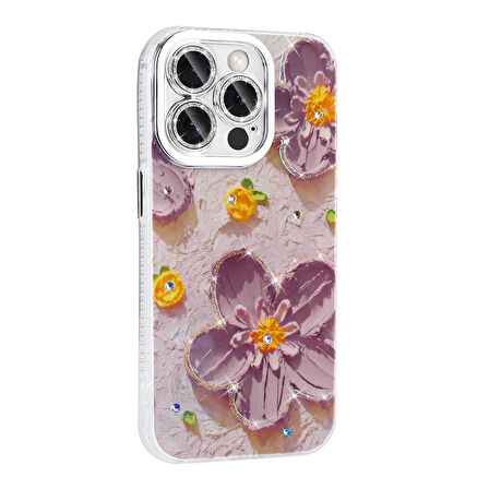 Apple iPhone 14 Pro Max Kılıf Çiçek Desenli Parlak Taşlı Sert Silikon Zore Garden Kapak-Beyaz