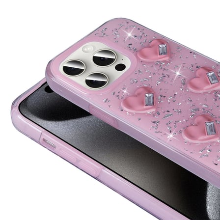 Apple iPhone 15 Pro Max Kılıf Airbagli Simli Arka Yüzey OMSY Işıltı Silikon Kapak-Beyaz-Kalp