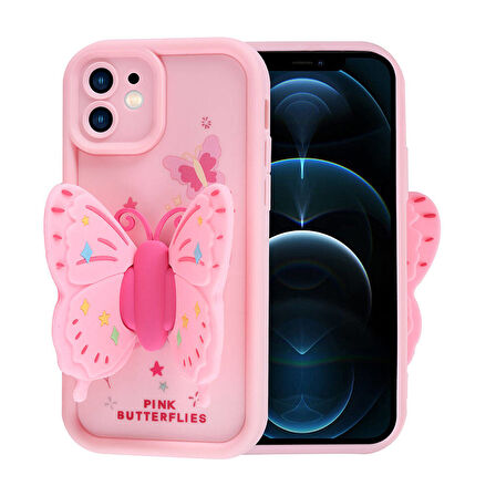 iPhone 12 Kılıf Kamera Korumalı Figür Tasarımlı Zore Kapya Kapak-Pembe Açık