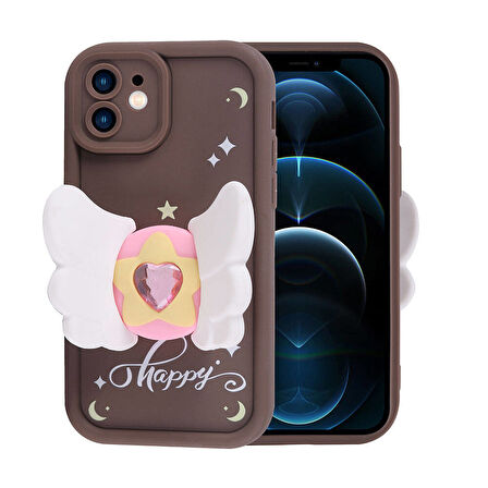 iPhone 12 Kılıf Kamera Korumalı Figür Tasarımlı Zore Kapya Kapak-Pembe Koyu