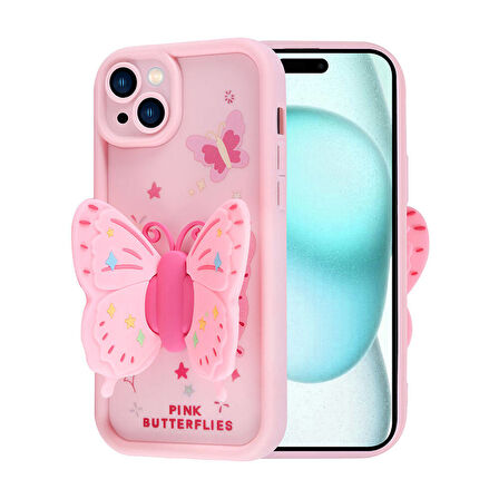 iPhone 15 Plus Kılıf Kamera Korumalı Figür Tasarımlı Zore Kapya Kapak-Pembe Açık