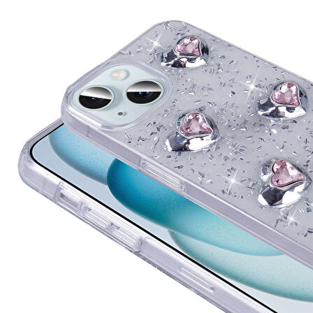 Apple iPhone 13 Kılıf Airbagli Simli Arka Yüzey Zore Işıltı Silikon Kapak-Pembe