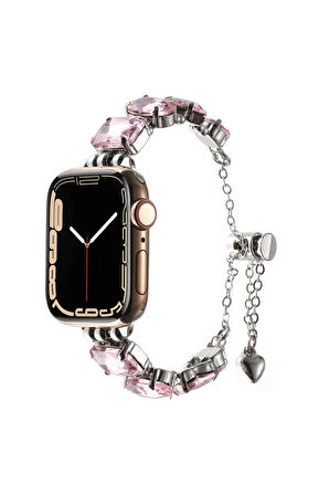 Apple Watch 42mm Ensueno KRD-115 Renkli Taş Tasarımlı Kordon-Rose Pembe