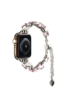 Apple Watch 7 41mm Ensueno KRD-115 Renkli Taş Tasarımlı Kordon-Rose Pembe