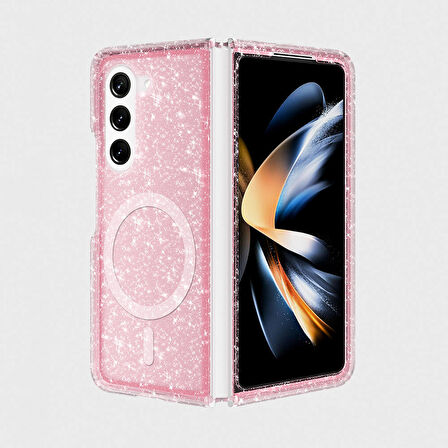 Galaxy Z Fold 6 Kılıf Magsafe Şarj Özellikli Parlayan Simli Saydam Renkli Zore Allstar Kapak-Pembe