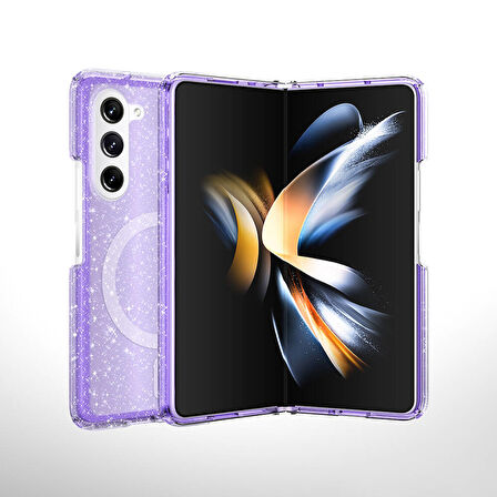 Galaxy Z Fold 6 Kılıf Magsafe Şarj Özellikli Parlayan Simli Saydam Renkli Zore Allstar Kapak-Mor