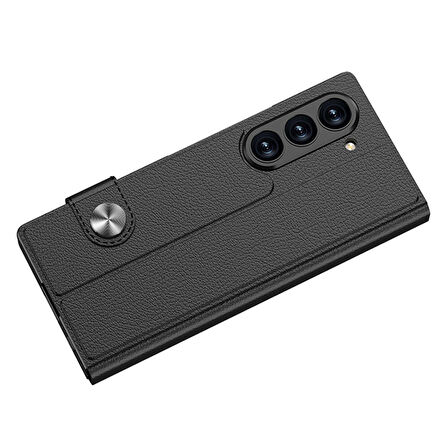 Galaxy Z Fold 6 Kılıf Suni Deri Tasarımlı Magnetik Tokalı ve Kartlıklı Zore Kıpta Zegna Kapak-Siyah