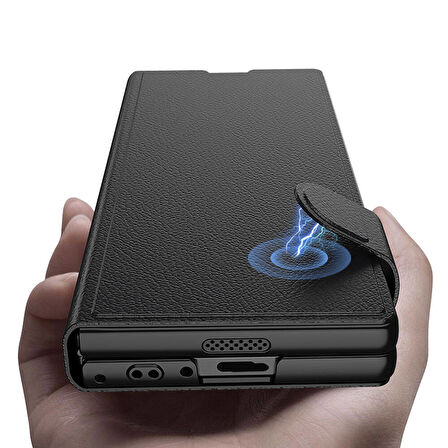 Galaxy Z Fold 6 Kılıf Suni Deri Tasarımlı Magnetik Tokalı ve Kartlıklı Zore Kıpta Zegna Kapak-Siyah