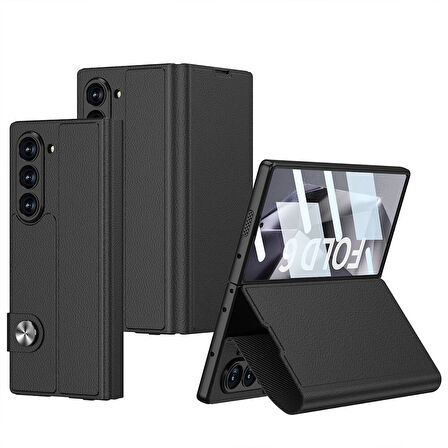 Galaxy Z Fold 6 Kılıf Suni Deri Tasarımlı Magnetik Tokalı ve Kartlıklı Zore Kıpta Zegna Kapak-Siyah
