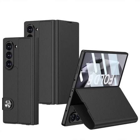 Galaxy Z Fold 6 Kılıf Suni Deri Tasarımlı Magnetik Tokalı ve Kartlıklı NRTK Kıpta Zegna Kapak-Siyah