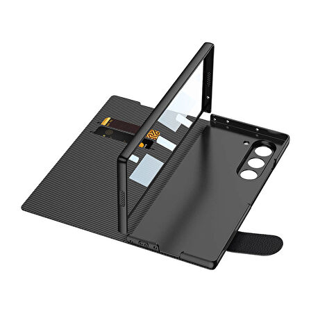 Galaxy Z Fold 6 Kılıf Karbon Fiber Tasarımlı Magnetik Tokalı Kartlıklı Zore Kıpta Zegna Kapak-Siyah