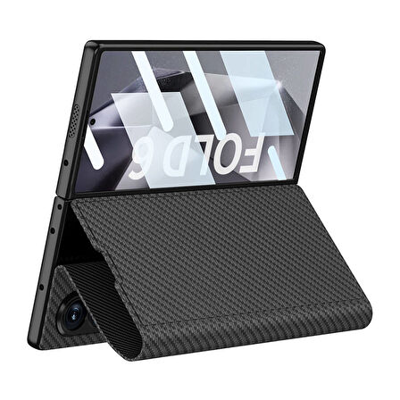 Galaxy Z Fold 6 Kılıf Karbon Fiber Tasarımlı Magnetik Tokalı Kartlıklı Zore Kıpta Zegna Kapak-Siyah