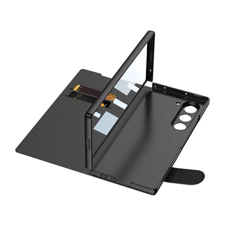 Galaxy Z Fold 6 Kılıf Karbon Fiber Tasarımlı Magnetik Tokalı Kartlıklı Zore Kıpta Zegna Kapak-Siyah