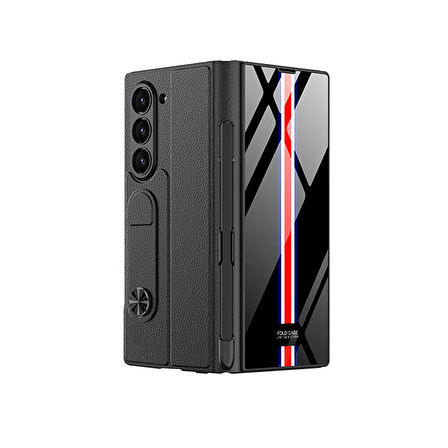 ​Galaxy Z Fold 6 Kılıf Kamera Korumalı Kartlıklı Kalem Bölmeli Zore Kıpta Çizgili Droga Kılıf-Siyah
