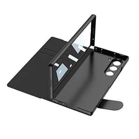 ​Galaxy Z Fold 6 Kılıf Kamera Korumalı Kartlıklı Kalem Bölmeli Zore Kıpta Çizgili Droga Kılıf-Siyah