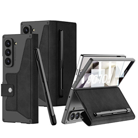 Galaxy Z Fold 6 Kılıf Kamera Korumalı Kadife Tasarımlı Zore Kıpta Kalemli Fest Kapak-Siyah