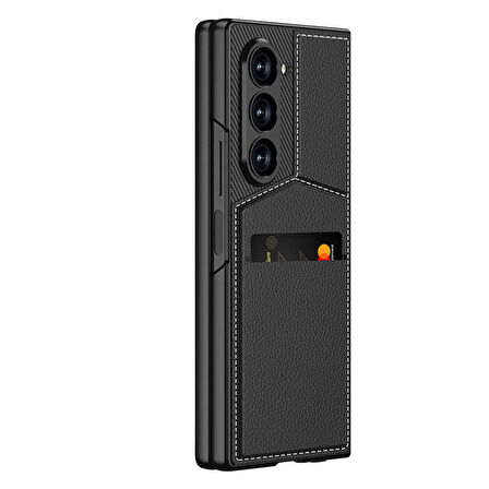 Galaxy Z Fold 6 Kılıf Karbon Fiber Deri Kartlıklı Zore Kıpta Dik Açılan Kartlıklı Kapak-Siyah