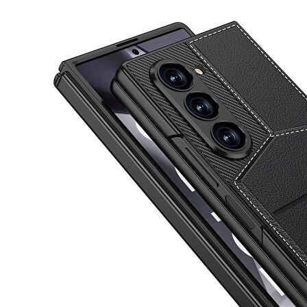 Galaxy Z Fold 6 Kılıf Karbon Fiber Deri Kartlıklı Zore Kıpta Dik Açılan Kartlıklı Kapak-Siyah