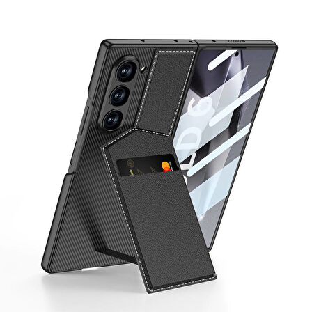 Galaxy Z Fold 6 Kılıf Karbon Fiber Deri Kartlıklı Zore Kıpta Dik Açılan Kartlıklı Kapak-Siyah
