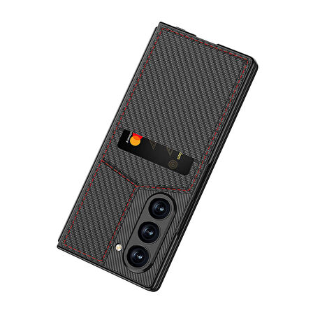 Galaxy Z Fold 6 Kılıf Karbon Fiber Kartlıklı Zore Kıpta Dik Açılan Kartlıklı Kapak-Siyah