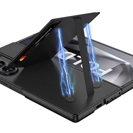 Galaxy Z Fold 6 Kılıf Karbon Fiber Kartlıklı Zore Kıpta Dik Açılan Kartlıklı Kapak-Siyah