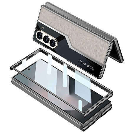 Galaxy Z Fold 6 Kılıf Ultra İnce Kamera Korumalı PC + Deri Arka Yüzey Zore Kıpta Poligan Kapak-Gri